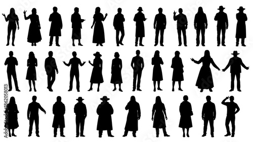 A collection of black silhouettes of people in various poses and outfits on a white background