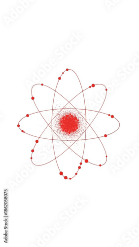 A detailed illustration of an atom with red electrons orbiting a central nucleus