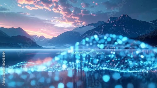 Serene mountain lake reflecting the sky at dusk with a digital overlay.
