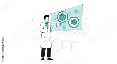 Scientist presenting research findings on cellular biology with advanced technology display