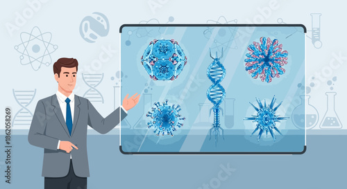 Scientist presenting microbiological research and viral structures on a digital interface display