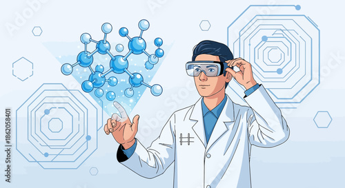 Scientist using augmented reality to study complex molecular structure simulations in a futuristic