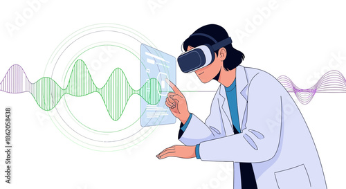 Scientist utilizing virtual reality interface for data analysis and advanced research visualization