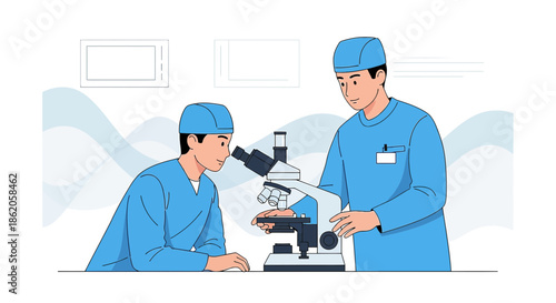 Scientists conducting research with a microscope in a modern laboratory setting for healthcare and