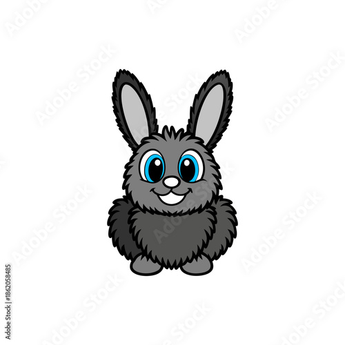 A cute, fluffy cartoon rabbit with big blue eyes and a friendly smile.