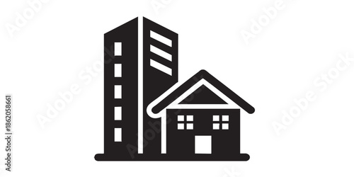 Skyscraper tower and cottage building solid icon, real estate concept. Vector graphics. City skyscraper, private house sign on white background, style mobile or design