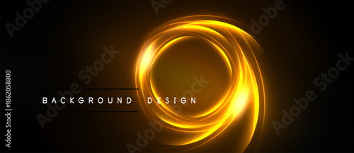 Abstract golden swirls create dynamic energy. Dark background emphasizes bright circular design, perfect for backgrounds.