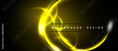 Bright yellow energy flows, creating abstract shapes. Dark background emphasizes luminous curves, text reads background design.