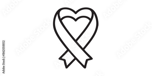 Heart shaped cancer ribbon solid icon, charity concept. Vector graphics. Cancer cure ribbon tape sign on white background, style mobile or design.
