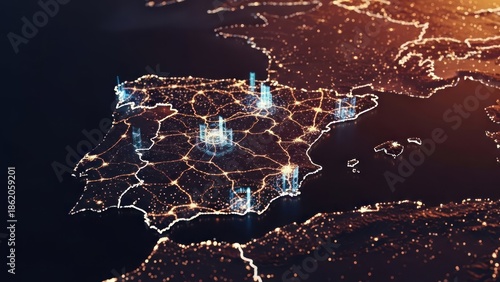 Glowing map of Iberian Peninsula with city light clusters and connected infrastructure