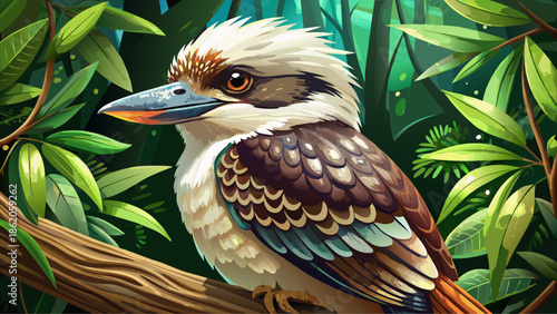 Very beautiful detailed depiction of a kookaburra in its natural habitat, highlighting the energetic personality and famous call of this iconic bird native to Australia and New Guinea.