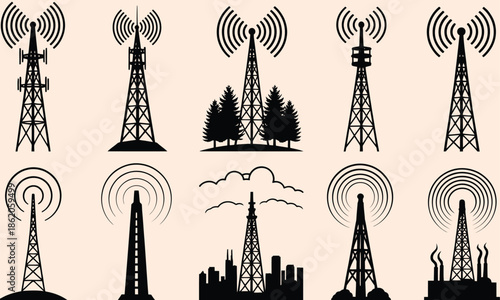 telecom and communication tower vector design including radio antenna wireless signal mobile network broadcast infrastructure satellite transmission digital technology illustration.