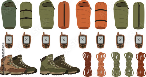 Assorted camping gear including sleeping bags hiking boots and G P S devices in green and brown colors