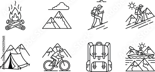 Black and white line of outdoor activities and camping gear line outdoor activities