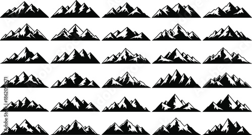 Black and white mountain range silhouettes with snow-capped peaks