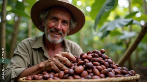 Productor de cacao costarricense manipulando granos fermentados