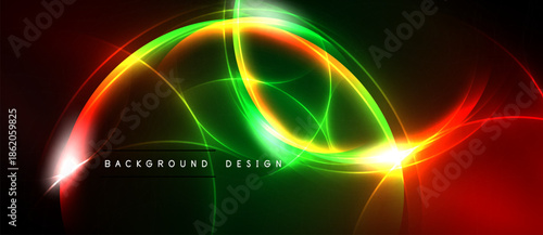 Vibrant abstract design features flowing neon lines. Red, green, yellow hues blend against dark backdrop. Dynamic energy radiates from center.
