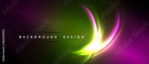 Abstract vibrant background. Purple, green, yellow hues blend. Curved lines create dynamic light effect. Modern design element.