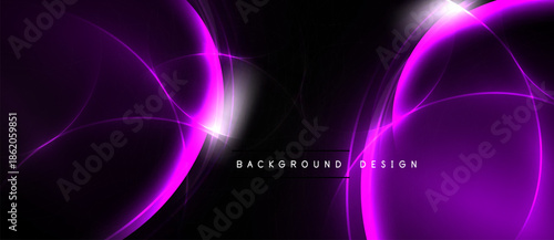 Dark background features vibrant purple glowing lines, curves, shapes. Modern abstract design creates dynamic visual effect.