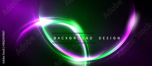Abstract vibrant design features flowing curves, neon colors. Dark background enhances luminosity, creating dynamic visual effect.