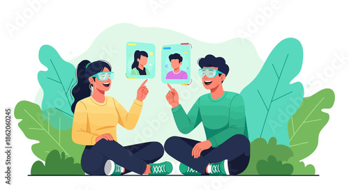Two people engaging in a futuristic metaverse experience augmented reality communication
