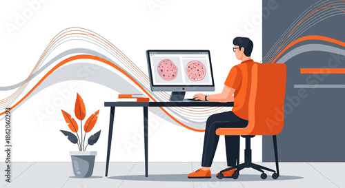 Vector illustration of a man analyzing medical images on a computer in a modern workspace