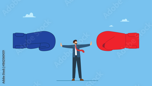 Businessman leader stand in the middle to stop conflicted boxing glove fighting. Conflict management, leadership skill to compromise and solving argument problem, negotiation or stop fighting.