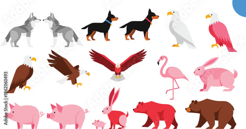 Colorful cartoon animals and birds including wolves dogs eagles flamingo rabbit pig and bear