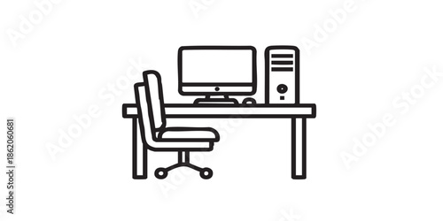 Desk with chair and desktop thin line icon, remote work concept. Vector graphics. Personal workplace with computer sign on white background, style mobile or design. black and white simple outlined wit