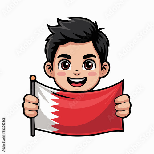 A cartoon boy with black hair smiling and proudly holding the national flag of Bahrain.