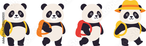 Four cartoon pandas wearing backpacks and hats in different colors bears