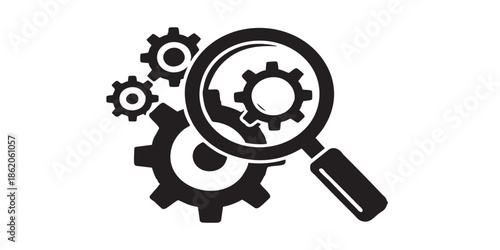 Gear mechanism with magnifier solid icon, repair service concept. Vector graphics. Magnifying glass and cogwheels sign on white background, glyph style mobile or design