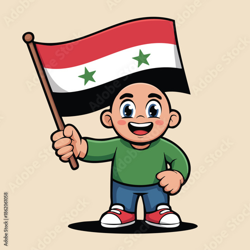 A happy cartoon boy holding the national flag of Syria with a cheerful expression.