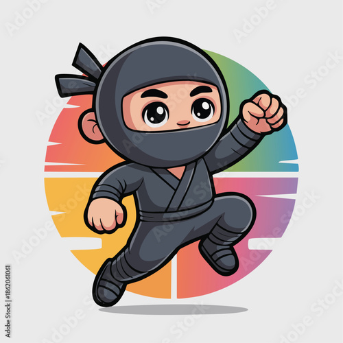 Cute cartoon ninja character in black suit jumping with a clenched fist against a vibrant striped circular background.
