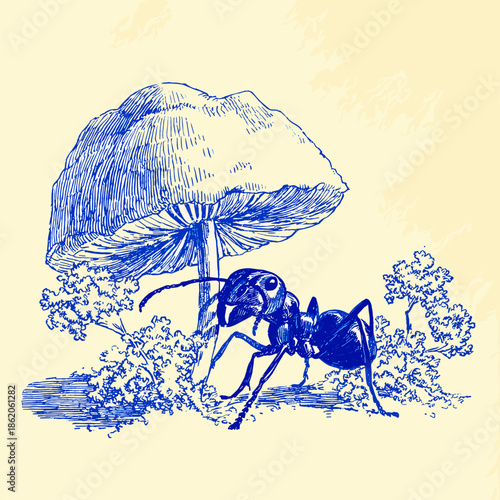 Whimsical Blue Illustration of an Ant Under a Mushroom