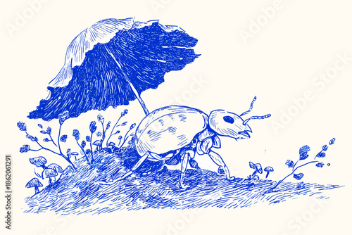 Whimsical Blue Illustration of an Ant Under a Mushroom