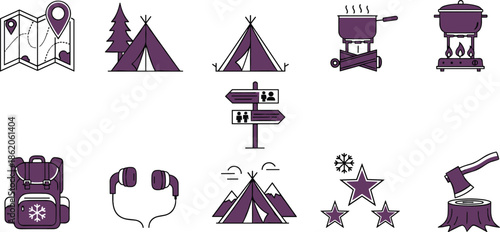 Purple camping and hiking set with tents backpacks and stars