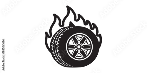 Burning car wheel solid icon, tires fitting concept. Vector graphics. Tire on fire, rubber waste sign on white background, style mobile or design.
