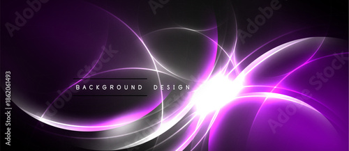 Abstract purple energy flows, dynamic curves, bright center. Modern design, elegant backdrop for digital projects.
