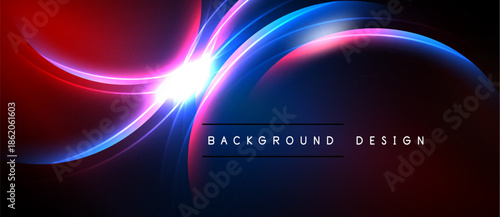 Abstract vibrant design. Red, blue light curves intersect. Bright central glow creates dynamic visual effect. Dark background emphasizes luminosity.