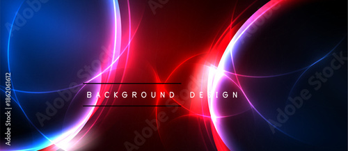 Abstract neon lights create dynamic red, blue, pink gradients. Dark background emphasizes glowing curves, lines, modern design elements.