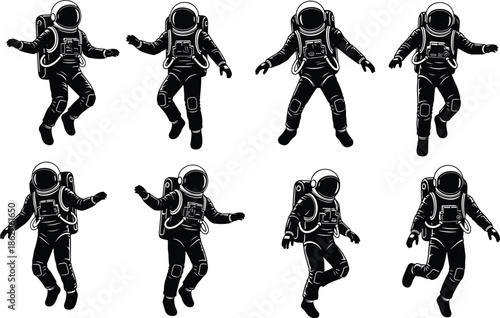 Seven Astronauts Floating in Space with Different Poses Black and White Line zero gravity