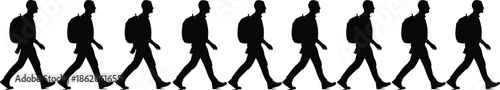 Silhouette of a person walking with a backpack in a continuous motion sequence