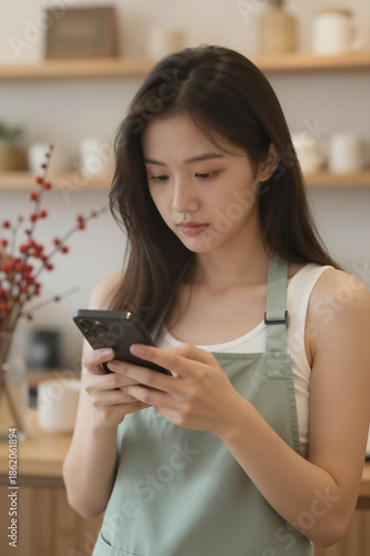Young Asian Woman Wearing Green Apron Using Smartphone In Cozy Kitchen Or Cafe Setting