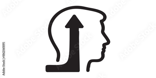 Man head with up arrow line icon, psychology concept. Vector graphics. Human mind structure uplifting sign on white background, style mobile or design