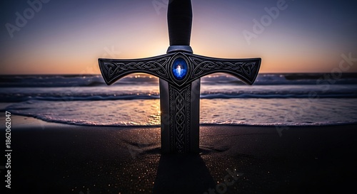 Mystical Sword Standing on a Beach at Sunset.