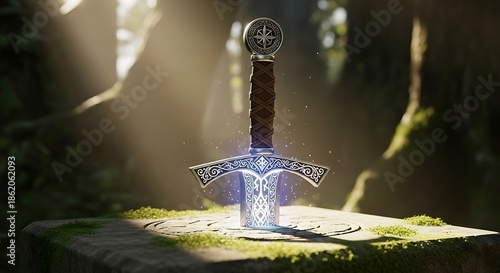 Mystical Sword of Light Resting on Ancient Stone Altar in Enchanted Forest.