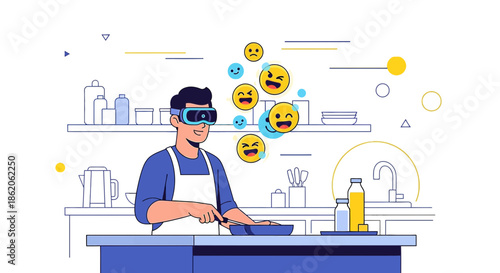Virtual Reality Cooking: Man with VR Goggles Preparing Meal Surrounded by Emoji Bubbles in Kitchen