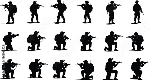 Silhouettes of Soldiers in Various Combat Positions with Rifles military