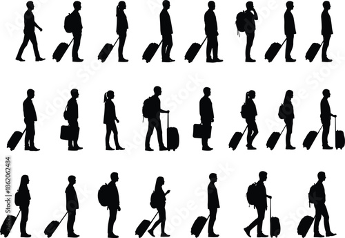 Silhouettes of people walking with luggage and backpacks in black and white
